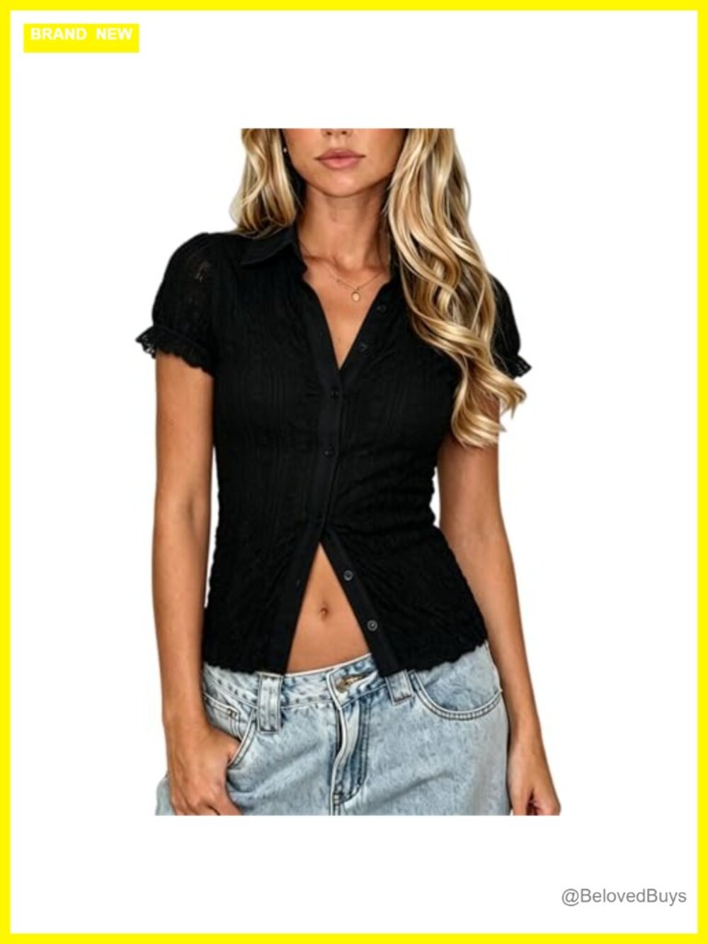 Women's Y2K Short Sleeve Blouse Lace Crop Top Button Down Fitted